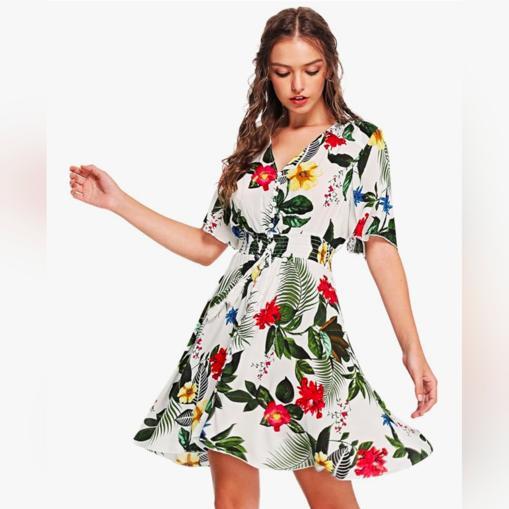 Women's Boho Button Up Split Floral Print Flowy Party Dress XX-Large M-White